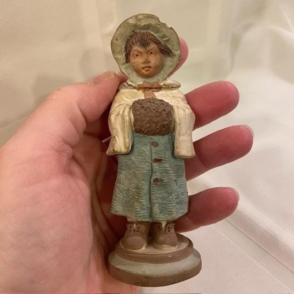 Vintage Hand Painted Clay Figurine Girl in Winter Coat Bonnet Muff Folk Art 4.5"